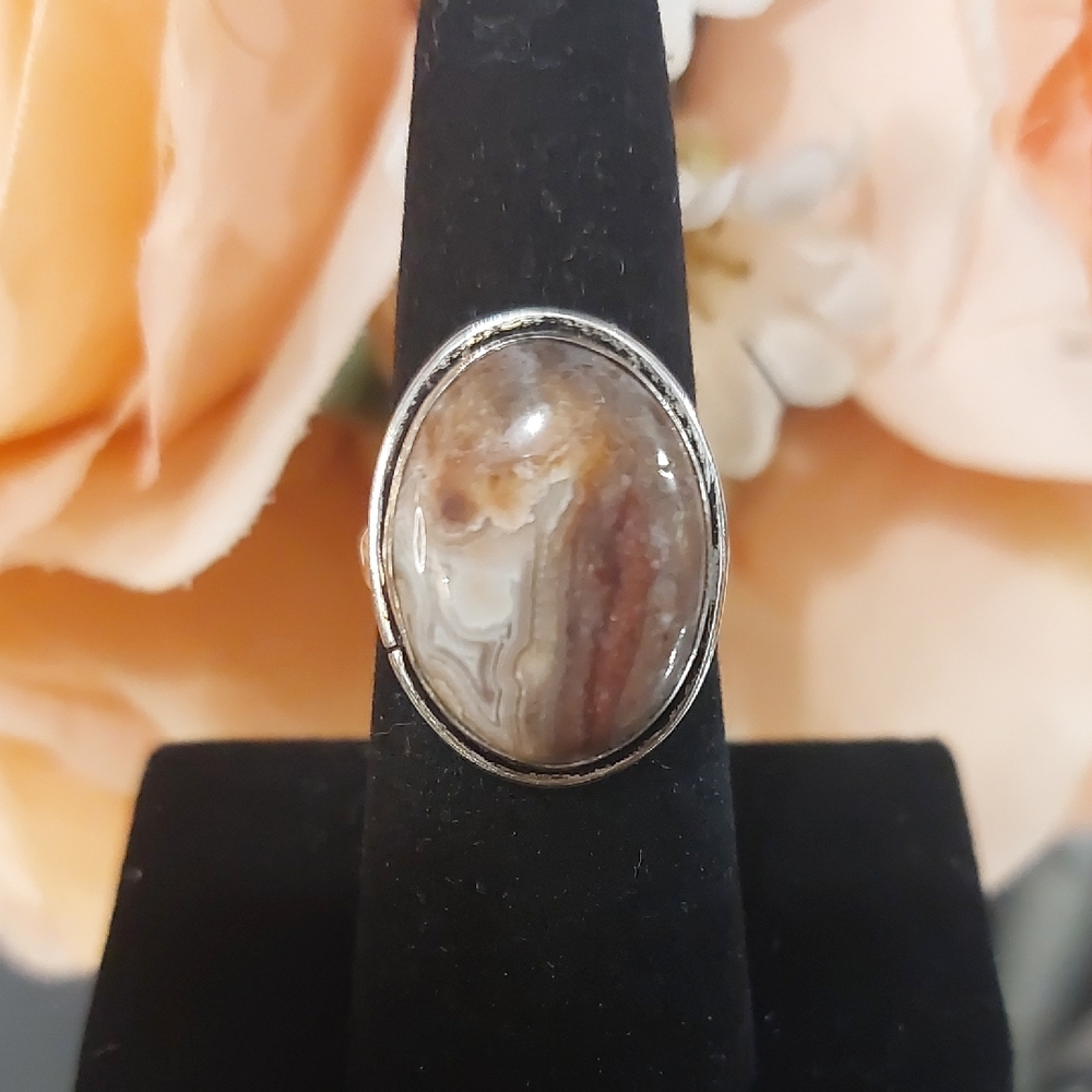 Agate Gemstone Silver Ring - Adjustable